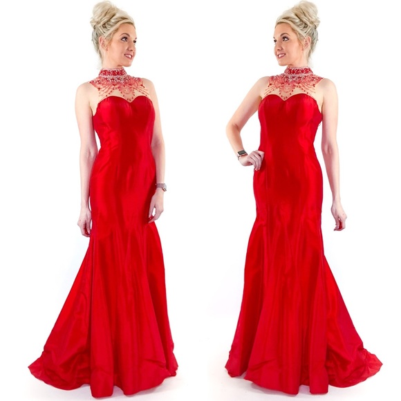 Red Open Back Illusion Prom Dress Pageant Gown - Picture 5 of 8